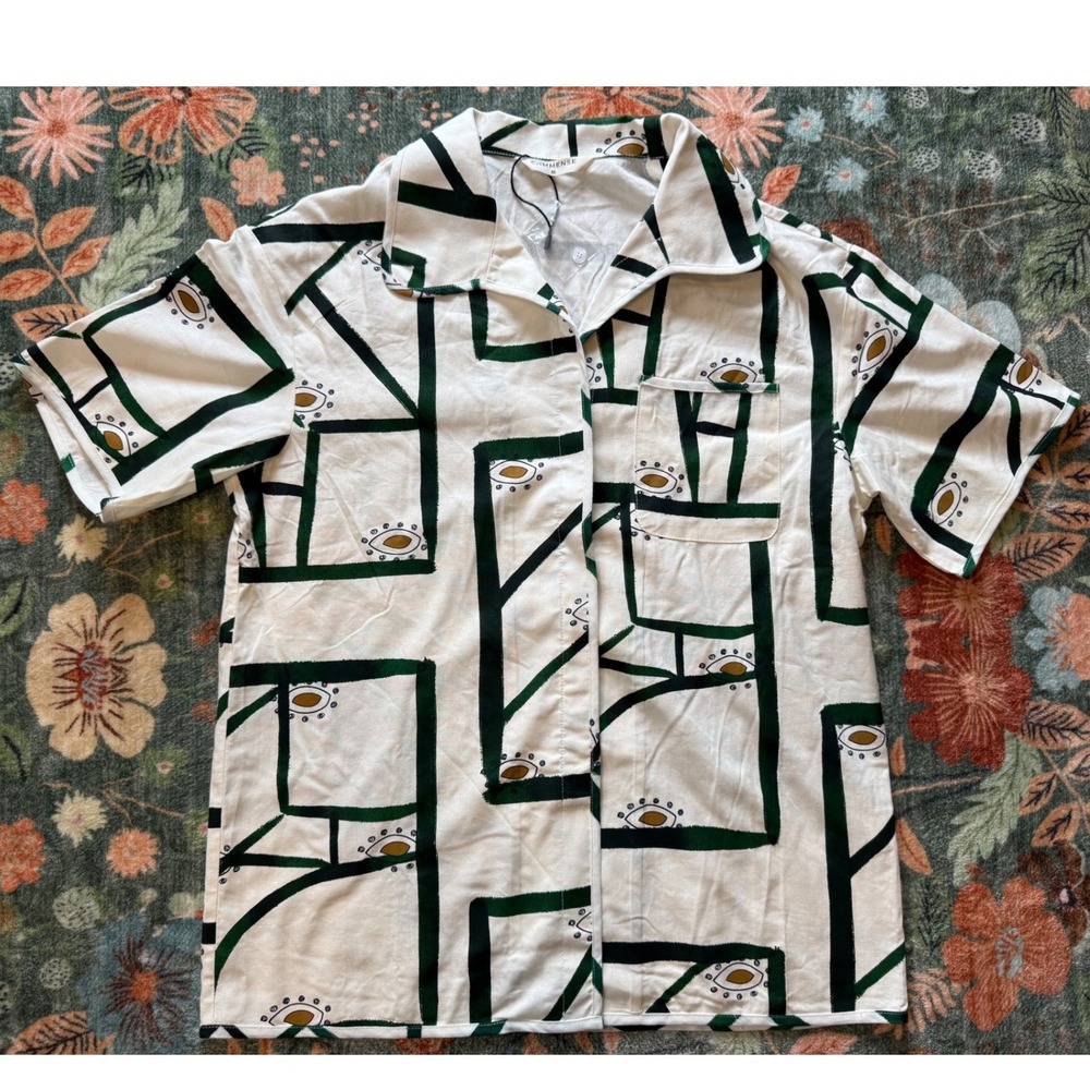 Commense‎ Geometric Eye Print Linen Blend Button Down Shirt White M NWOT